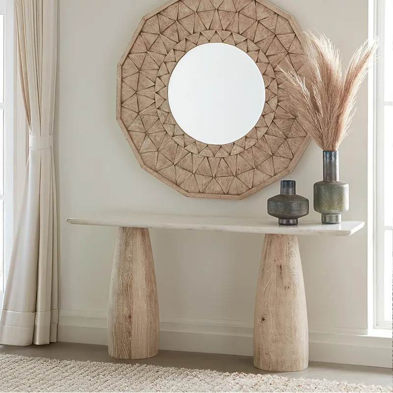 Palm Springs 60" Console Table with White Marble and Whitewash Modern Base