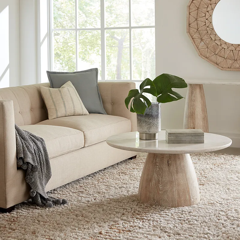 Palm Springs 36" Coffee Table with White Marble and Whitewash Modern Base