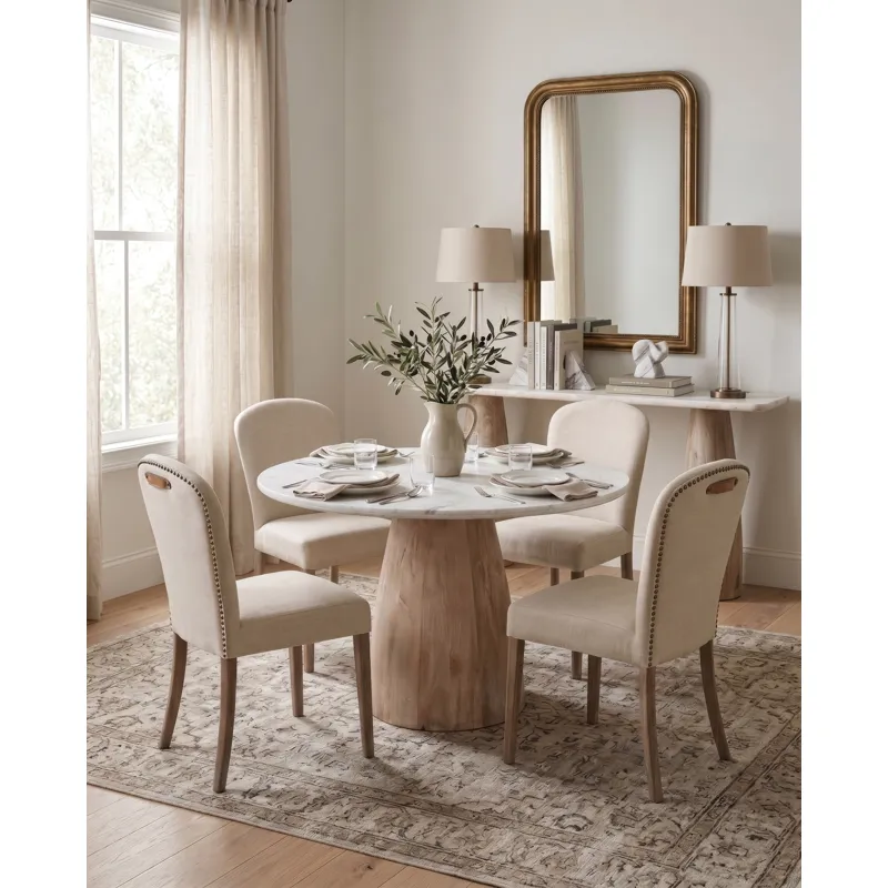Palm Springs 48" Round Dining Table with White Marble and Whitewash Modern Base