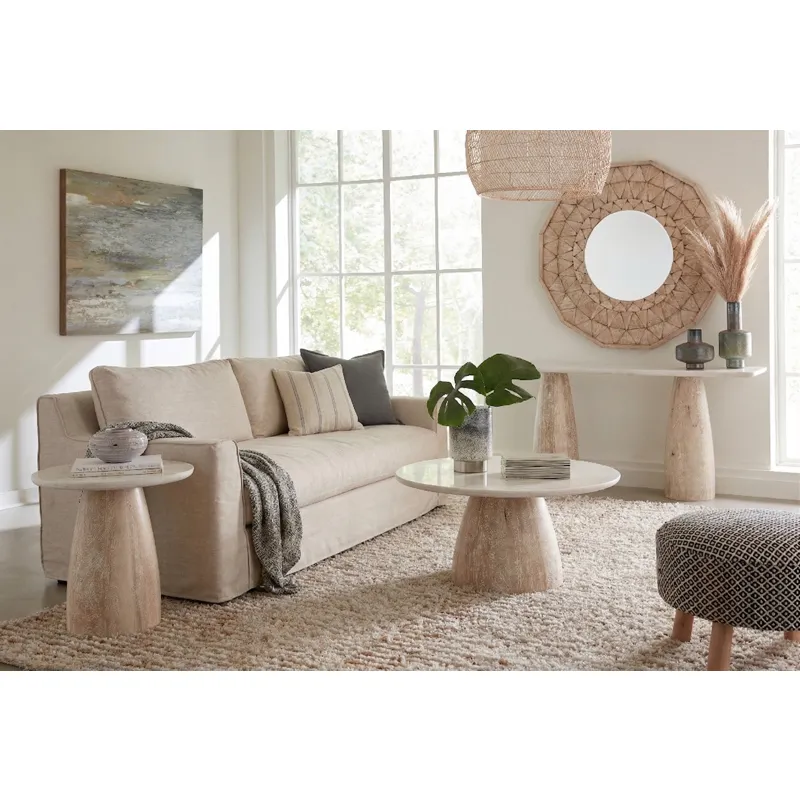 Palm Springs 22" Round Side Table with White Marble and Whitewash Modern Base