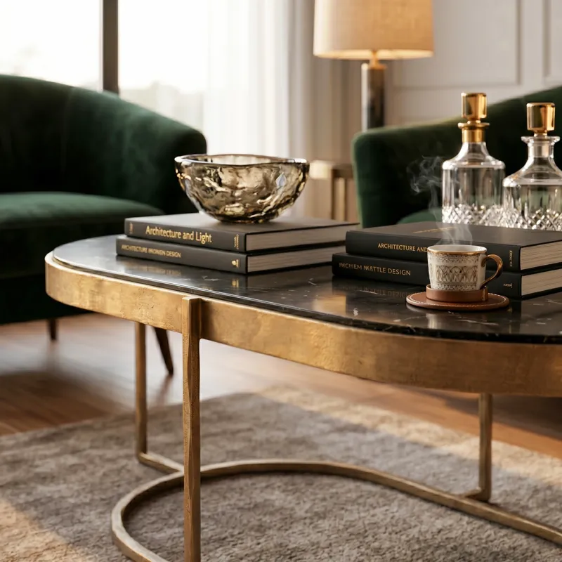 Reno 43" Coffee Table with Black Marble and Antique Brass Base