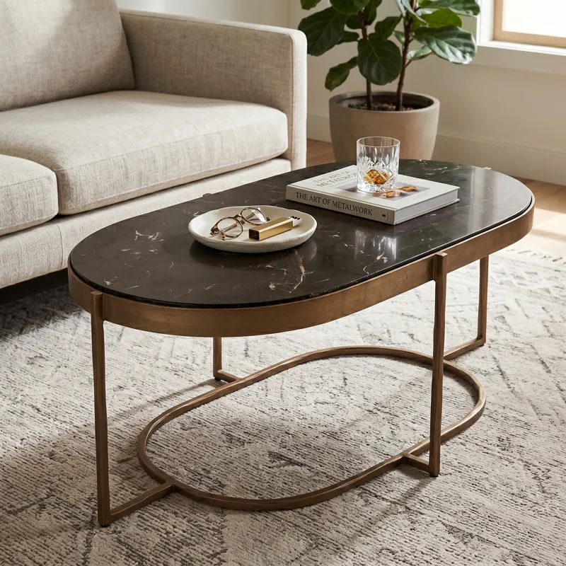 Reno 43" Coffee Table with Black Marble and Antique Brass Base