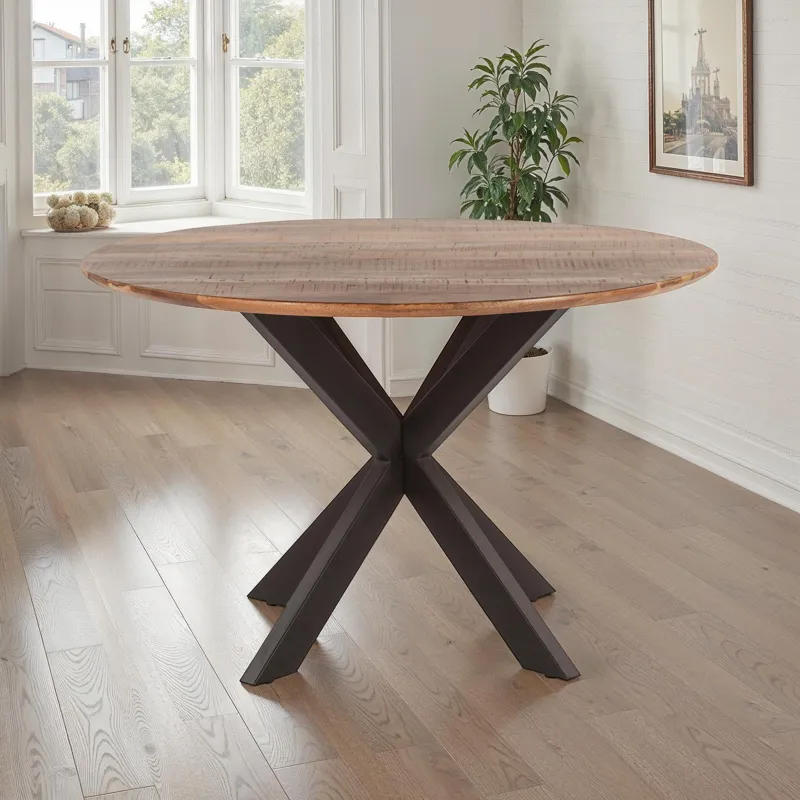Rapallo 48" Round Dining Table in Natural Mango Wood and Iron