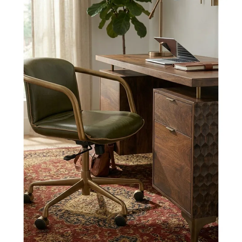 Portofino Swivel Office Chair in Emerald Green Leather and Antique Gold