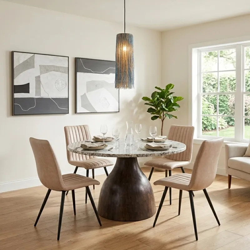 Solomon 54" Round Dining Table with Alaska White Marble and Blackwash Mango Base