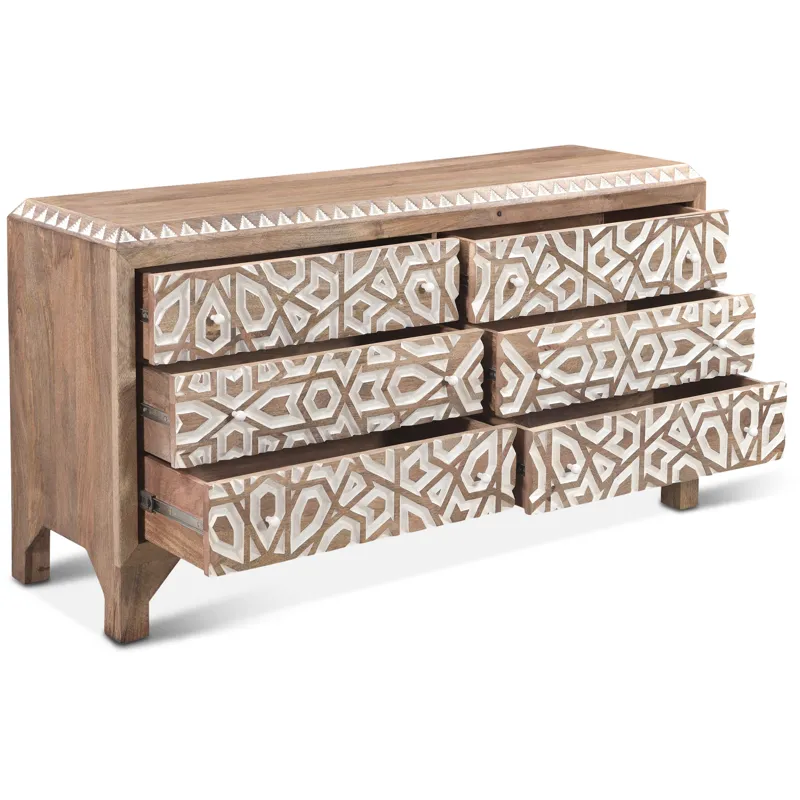 Tangiers 61" Six Drawer Dresser in Carved Natural White