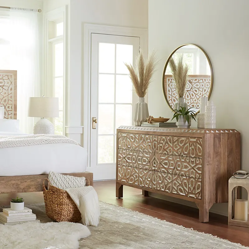 Tangiers 61" Six Drawer Dresser in Carved Natural White