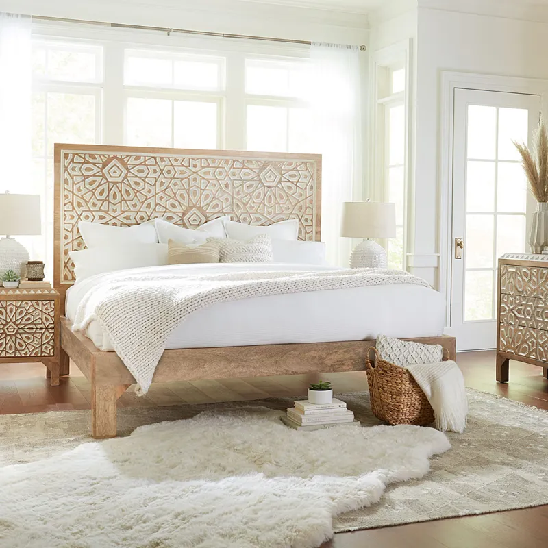 Tangiers Queen Bed in Carved Natural White