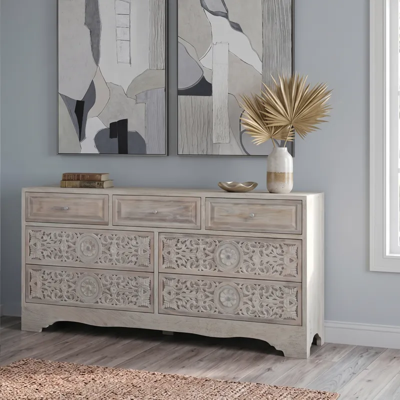 Taj 71" Dresser with Plinth Base in Carved Heirloom White