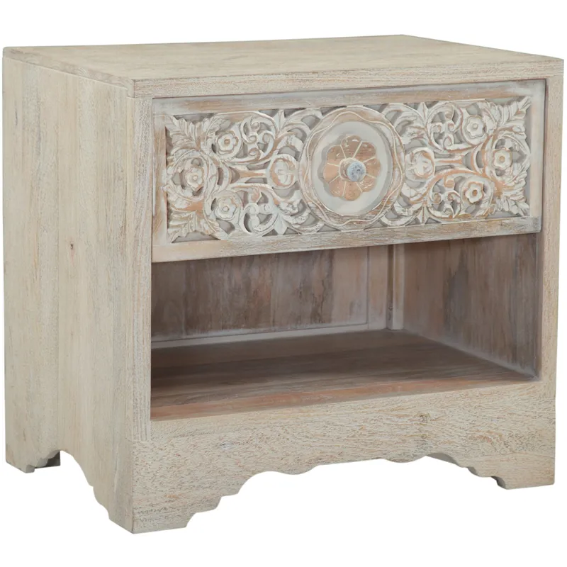 Taj 26" Nightstand with Plinth Base in Carved Heirloom White