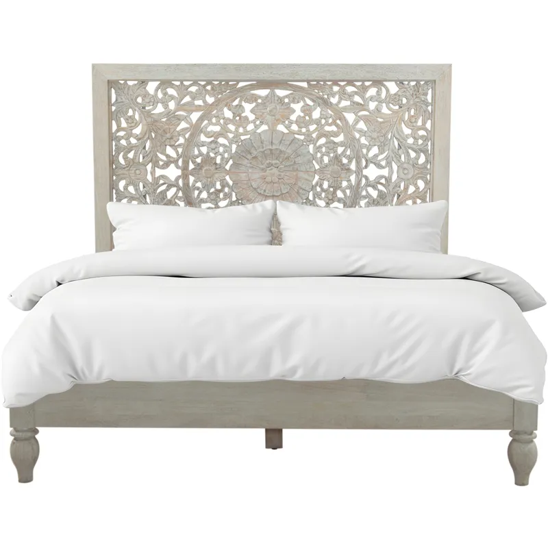 Taj Queen Bed in Hand Carved Heirloom White