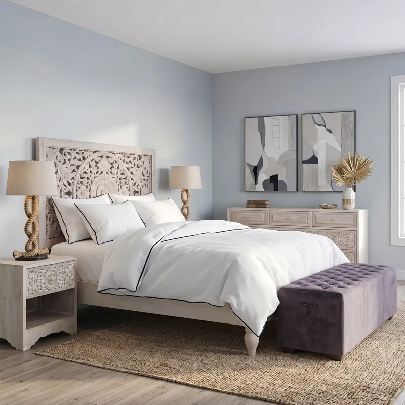 Taj Queen Bed in Hand Carved Heirloom White