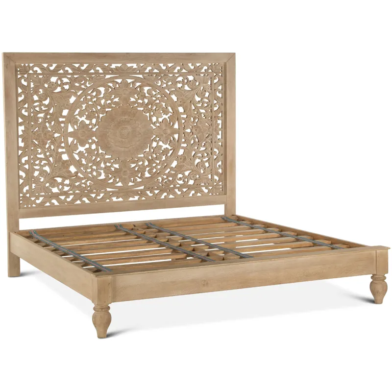Taj Queen Bed in Hand Carved Whitewash