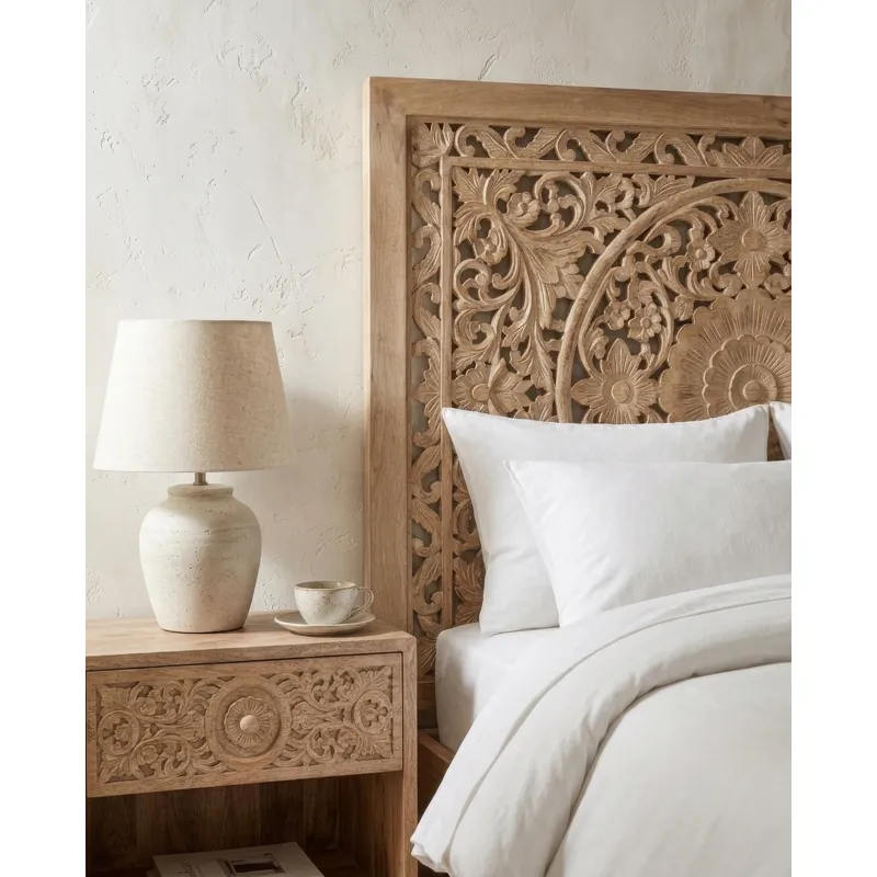 Taj Queen Bed in Hand Carved Whitewash