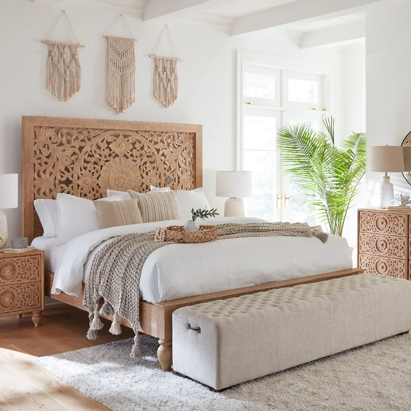 Taj Queen Bed in Hand Carved Whitewash