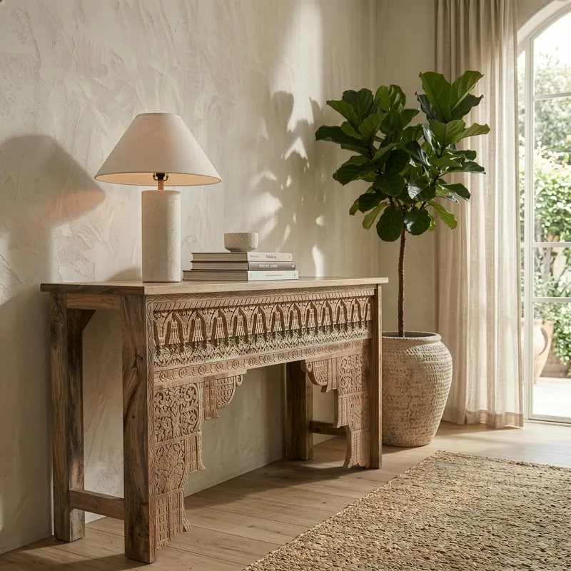 Tribal 59" Carved Wood Console Table in Natural
