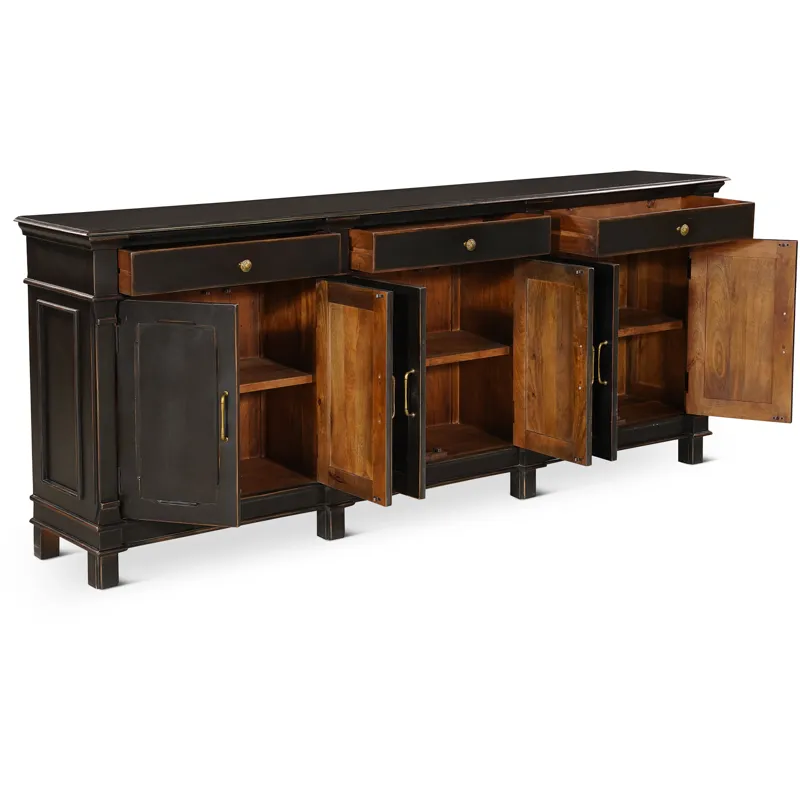 Turin 100" Sideboard in Distressed Black with Walnut Interior