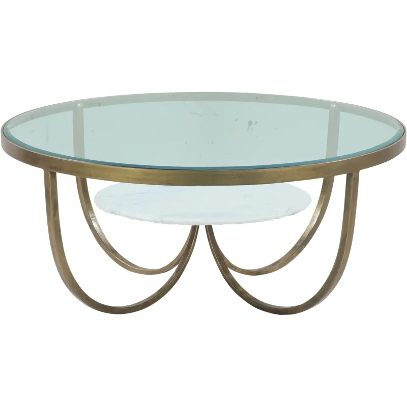 Venice 36" Round Coffee Table in Antique Brass with White Marble and Glass Top