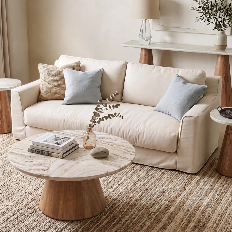 Vista 36" Coffee Table with White Travertine and Light Base