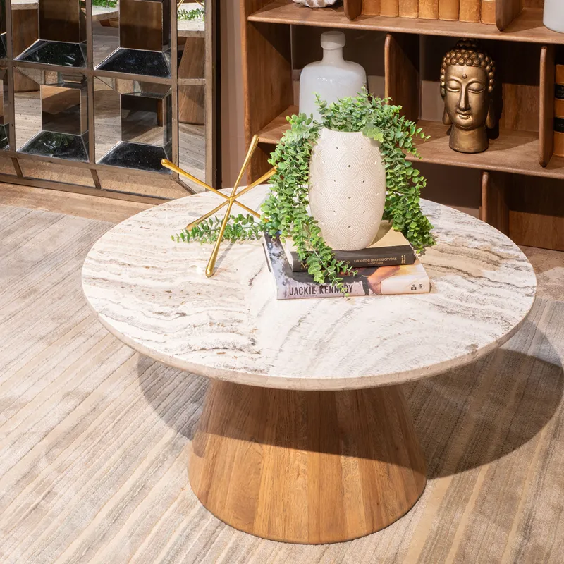 Vista 36" Coffee Table with White Travertine and Light Base