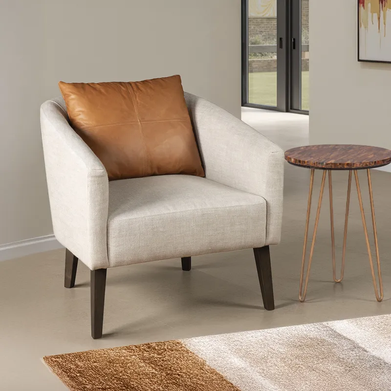 Upholstered Seating Jessie 22" Accent Chair in Beige Linen with Tan Leather Accent Pillow