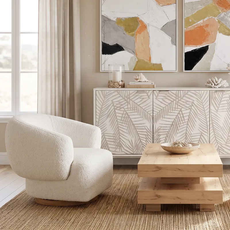 Gatsby Estelle 35" Swivel Accent Chair in Cream Boucle Fabric