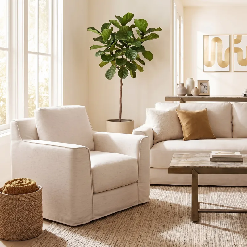 Gatsby Palladium Swivel Accent Chair in White Linen Slipcover