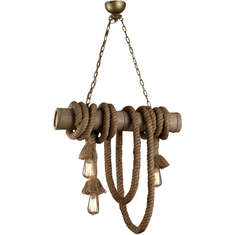 Vintage Light Three Light Bamboo and Rope Pendant