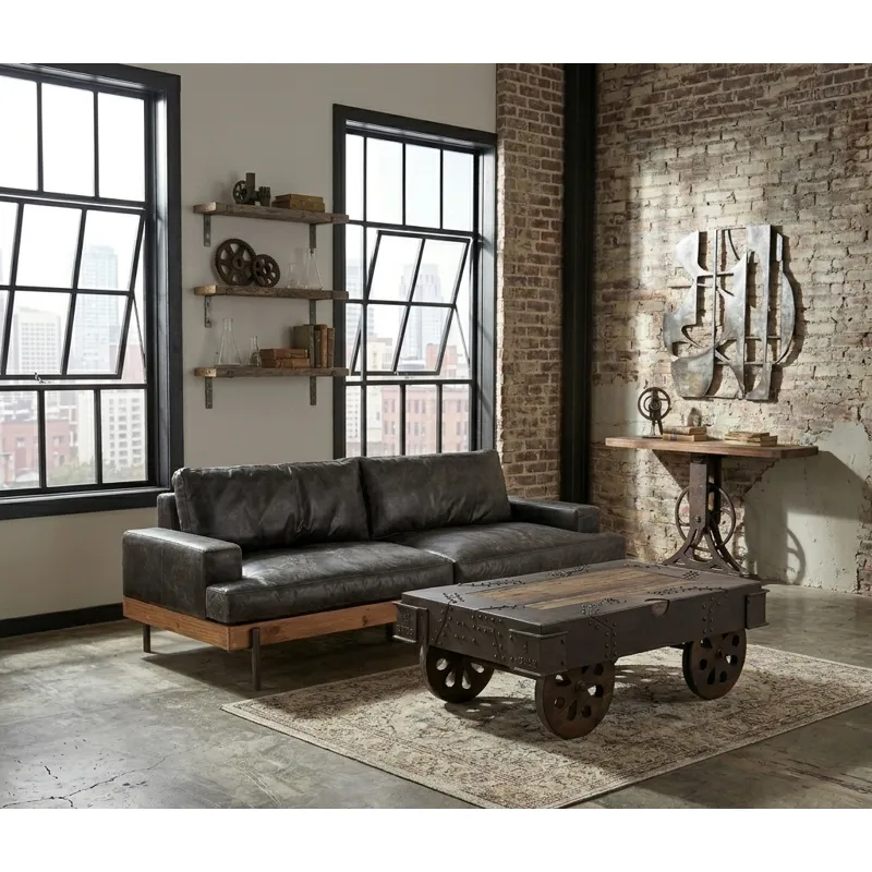 Portofino Industrial 94" Sofa in Morocco Black Leather