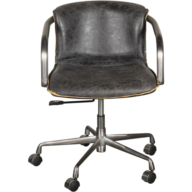 Portofino Swivel Office Chair in Antique Ebony Leather and Antique Zinc