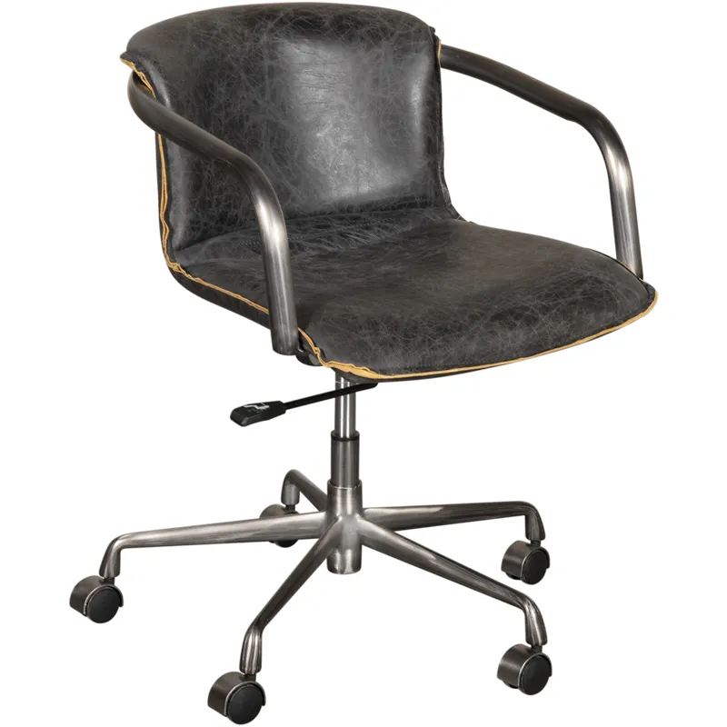 Portofino Swivel Office Chair in Antique Ebony Leather and Antique Zinc