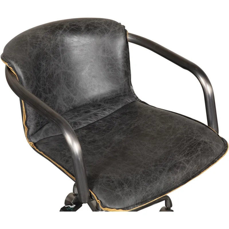 Portofino Swivel Office Chair in Antique Ebony Leather and Antique Zinc