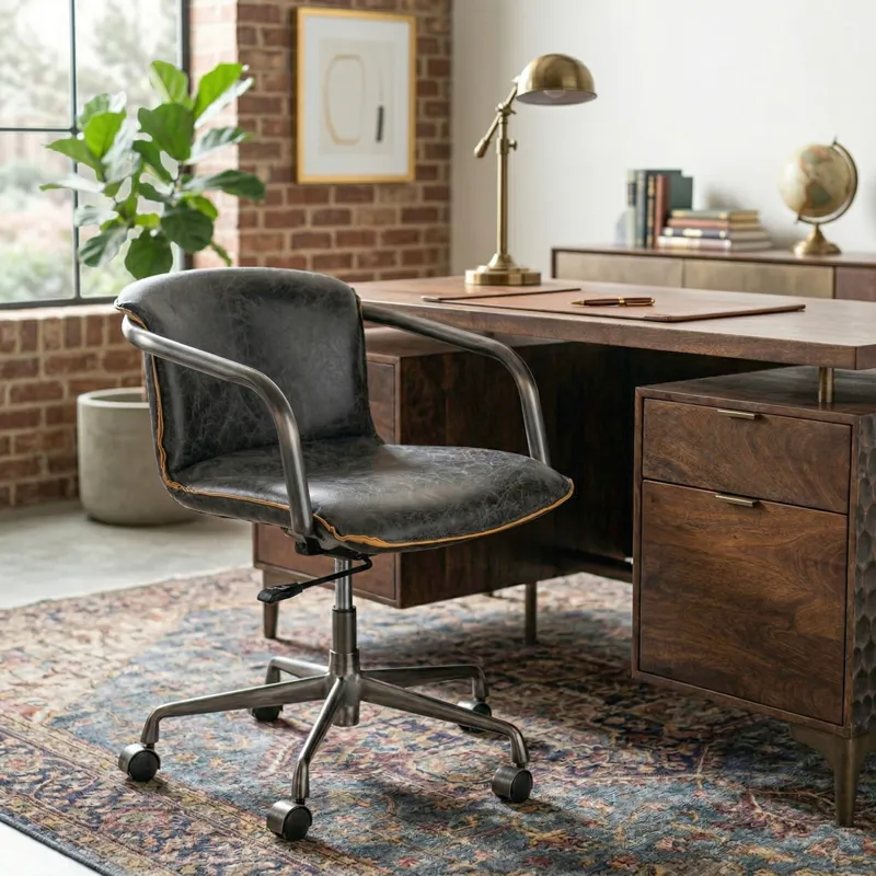 Portofino Swivel Office Chair in Antique Ebony Leather and Antique Zinc