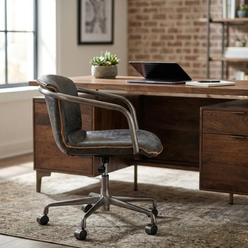 Portofino Swivel Office Chair in Antique Ebony Leather and Antique Zinc