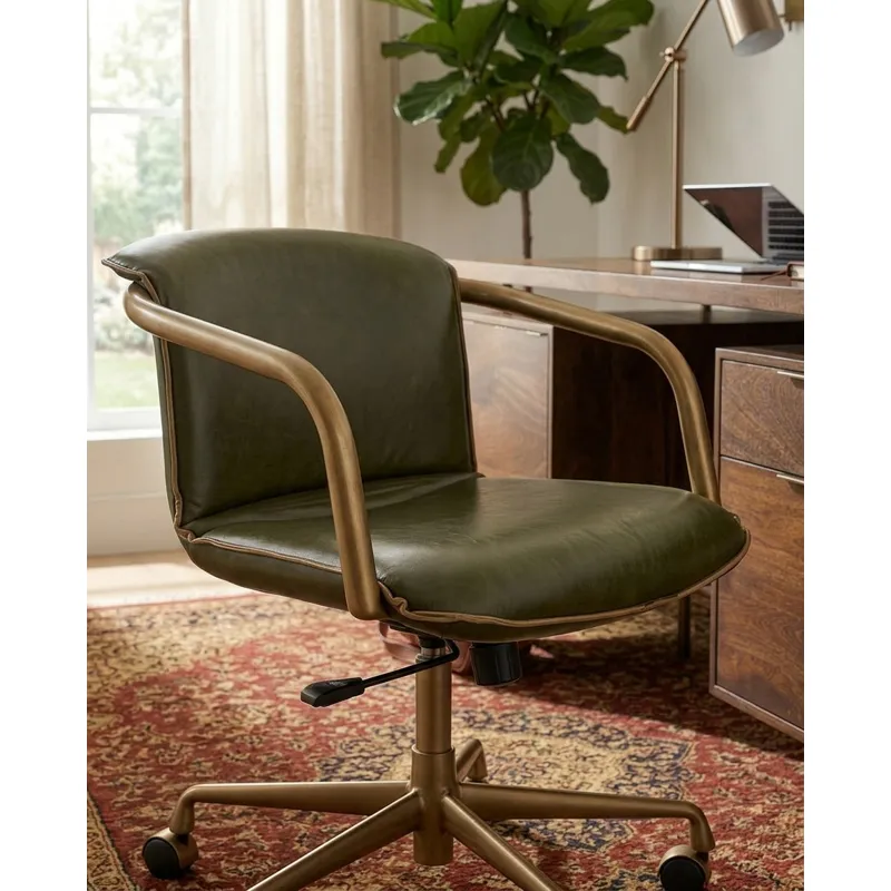 Portofino Swivel Office Chair in Emerald Green Leather and Antique Gold