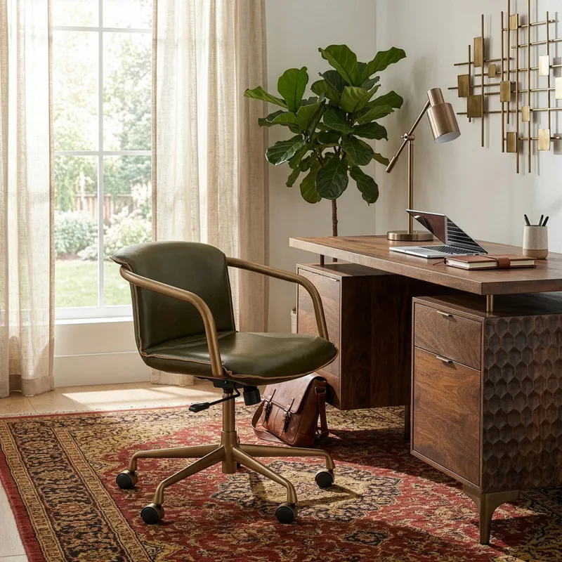 Portofino Swivel Office Chair in Emerald Green Leather and Antique Gold