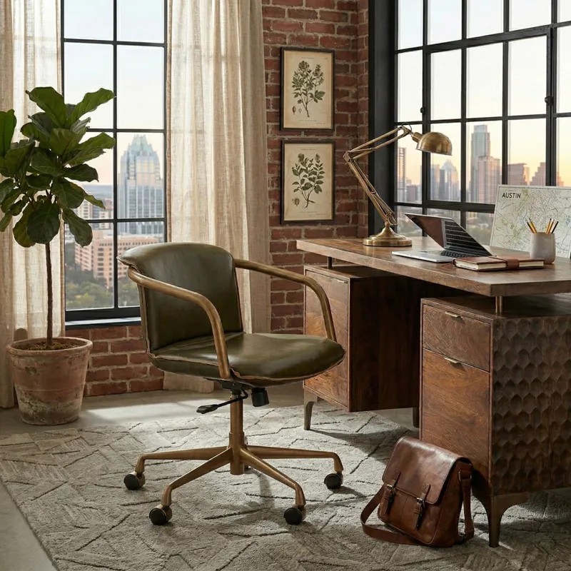 Portofino Swivel Office Chair in Emerald Green Leather and Antique Gold