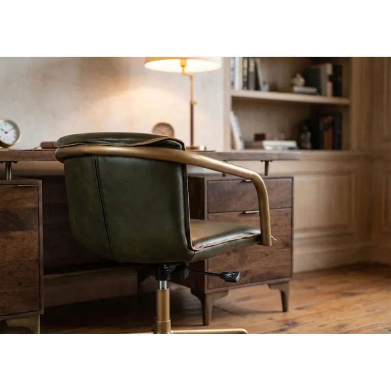 Portofino Swivel Office Chair in Emerald Green Leather and Antique Gold