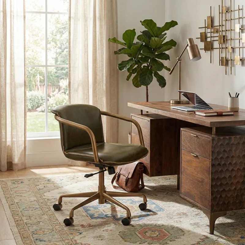 Portofino Swivel Office Chair in Emerald Green Leather and Antique Gold