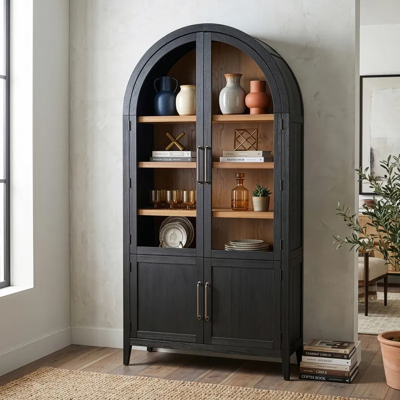 Lander 45" Arched Glass Cabinet in Rubbed Black with Walnut Interior