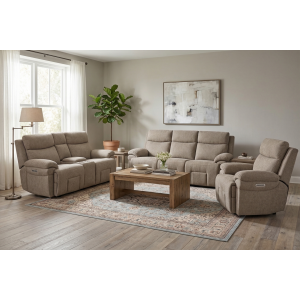 Main Street Triple Power Reclining Sofa, Loveseat, & Recliner - Muslin