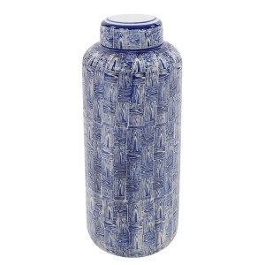 Blue and White Crosshatched Ceramic Jar, Large