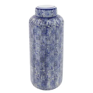 Blue and White Crosshatched Ceramic Jar, Large