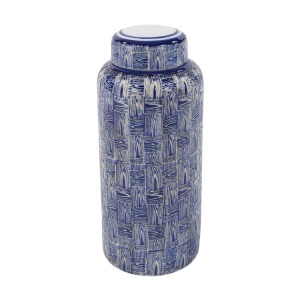 Blue and White Crosshatched Ceramic Jar, Small