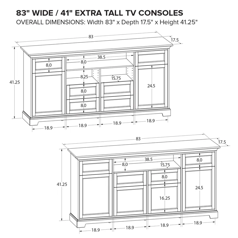 83" Wide 41" Extra Tall TV Console
