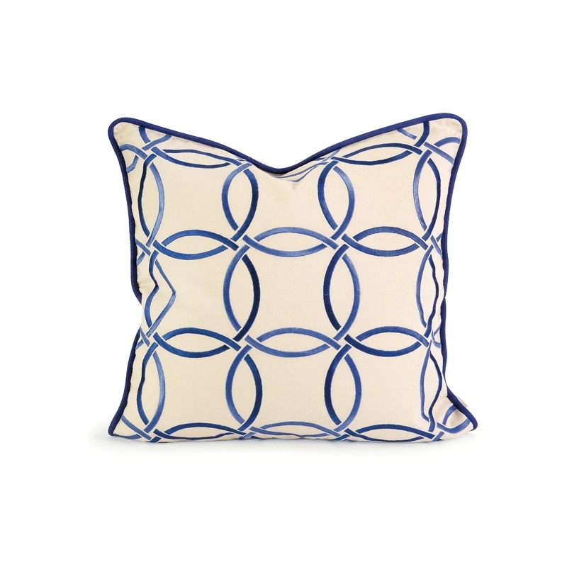 IK Catina Blue Embroidered Linen Pillow w/ Down Fill