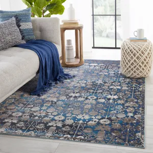 Borealis Vibe by  Izar Trellis Blue/ White Area Rug (10'X14')