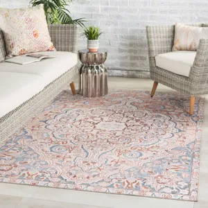 Chateau Annette Indoor/ Outdoor Medallion Blue/ Light Pink Area Rug (5'X7'6")