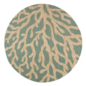 Coastal Lagoon Coral Indoor/ Outdoor Abstract Teal/ Tan Round Area Rug (8'X8')