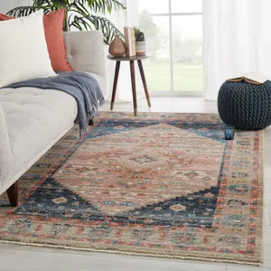 Myriad Vibe by  Elizar Medallion Blush/ Dark Blue Runner Rug (2'6"X12')